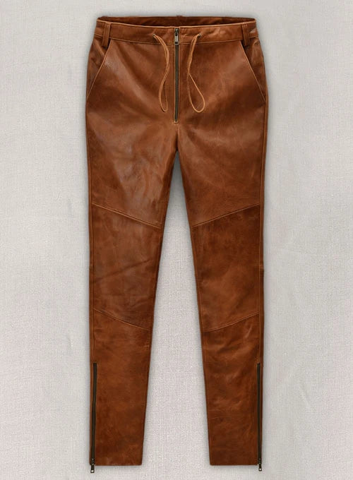 Men’s Cognac Leather Moto Trousers | Handcrafted Slim-Fit Leather Pants | Premium Tan Front-Zip Leather Leggings