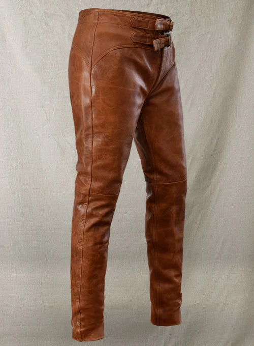 Women’s Cognac Leather Side-Buckle Trousers | Handcrafted Slim-Fit Leather Pants | High-Waisted Tan Moto Trousers