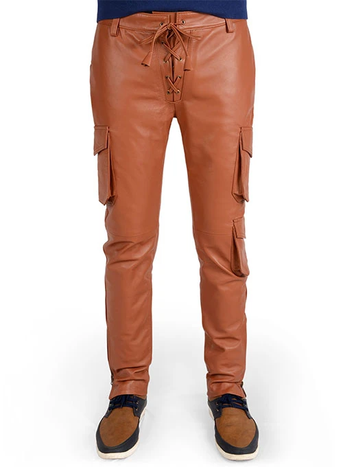Men’s Cognac Leather Cargo Trousers | Handcrafted Slim-Fit Leather Pants | Premium Tan Moto Cargo Trousers